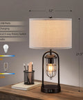 Farmhouse table lamp with USB ports and AC outlet, 3 way dimmable touch control, beige shade, black metal base, dual lighting modes.