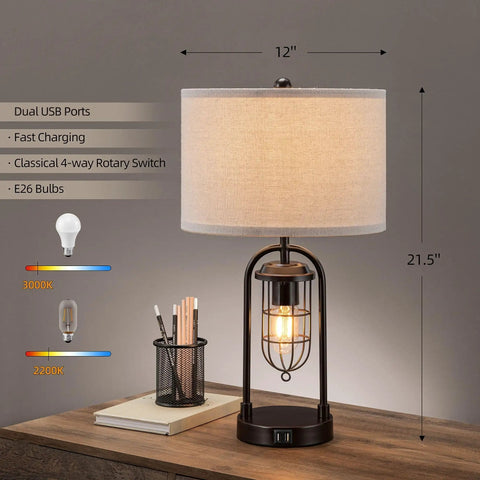 Farmhouse table lamp with USB ports and AC outlet, 3 way dimmable touch control, beige shade, black metal base, dual lighting modes.