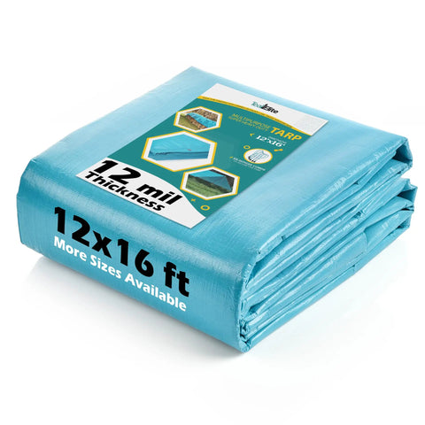 Heavy Duty Waterproof Tarp 12x16 Ft Thick 12 Mil With Metal Grommets UV Resistant And Tear Proof For Camping Tent Boat RV Car And Pool Cover Blue Tarp Multi Purpose Outdoor Shelter, folded.