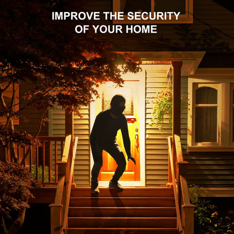 Silhouette of a person on a porch under Outdoor Motion Sensor Flood Light Bulbs for Driveways and Yards PAR38 3000K Soft White 1200 Lumen Dusk to Dawn E26 Base Zigbee Hub Required Works with SmartThings and Alexa 2 Pack illuminating the area