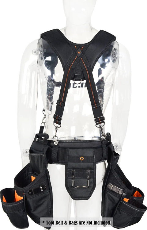 Clear mannequin wearing All Day Comfort 2.5 Inch Tool Belt Suspenders Set For Men Featuring EVA Padding And Breathable Neoprene Lining