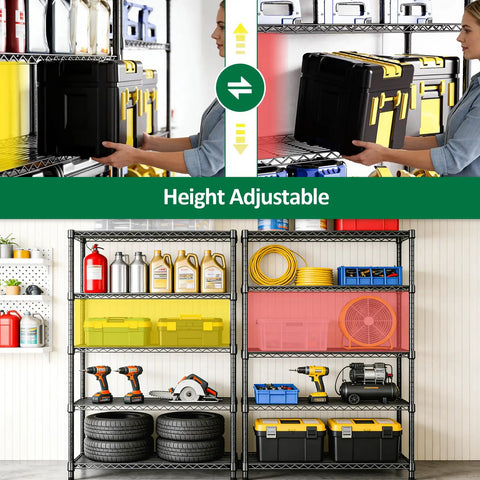 Heavy Duty 5-Tier Metal Storage Shelving Unit With Adjustable Wire Shelves For Garage, Kitchen, Basement, Laundry And Office, The Workhorse Black Steel Rack With 1750 Lbs Total Capacity, 47.2 W X 17.7 D X 72.3 H, height adjustable garage storage shelves