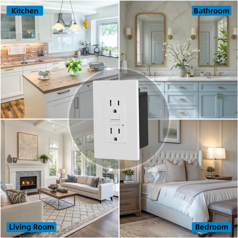 In Wall Cable Management Kit With Two GFCI Outlets 15 Amp Tamper Resistant Receptacles LED Indicator Light 8 Ft Cord TV Wire Hider For Wall UL Listed No Fuss Setup shown in kitchen, bathroom, living room, and bedroom.