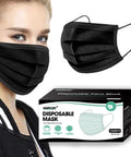 3 Ply Black Disposable Face Mask Pack Of 100 With Non Woven Fabric displayed with woman wearing mask and packaging box