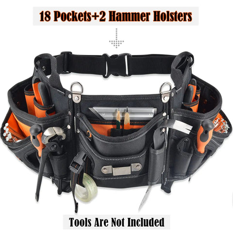 Tool Belt With Suspenders For Construction Pros Framer And Carpenter Pouch System With EVA Padding Chest Harness Stay Pants Up Adjustable Straps For All Day Comfort On The Job, 18 pockets, 2 hammer holsters visible