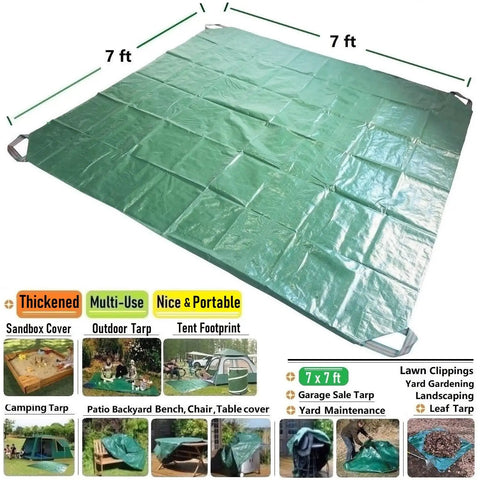 7x7 foot waterproof leaf tarp with four handles shown on grass surface, featuring reinforced corners, ideal for yard cleanup and outdoor projects.