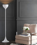 White Modern Metal LED Floor Lamp With Round Metal Shade next to beige armchair in living room