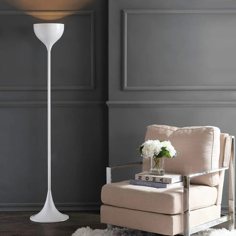 White Modern Metal LED Floor Lamp With Round Metal Shade next to beige armchair in living room