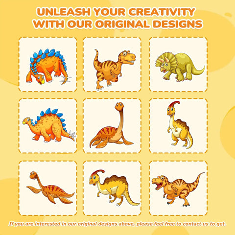 Grid of nine cartoon dinosaur illustrations on a yellow background, including stegosaurus, triceratops, and brontosaurus.