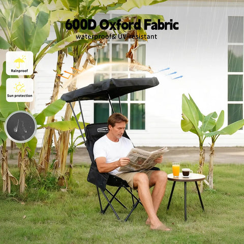 Portable Camping Chair With Adjustable Shade Canopy in garden, man reading newspaper, lightweight design, 600D Oxford cloth
