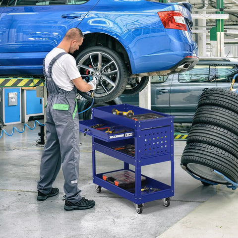 Three Tier Rolling Tool Cart On Wheels With 550-Lb Capacity Drawers Pegboard And Hook Heavy Duty Utility Cart For Garage Shop And Warehouse Dark Blue Finish