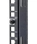 Close-up of 10 32 Thread Server Rack screw mounted on a black server rack with numbered mounting holes.