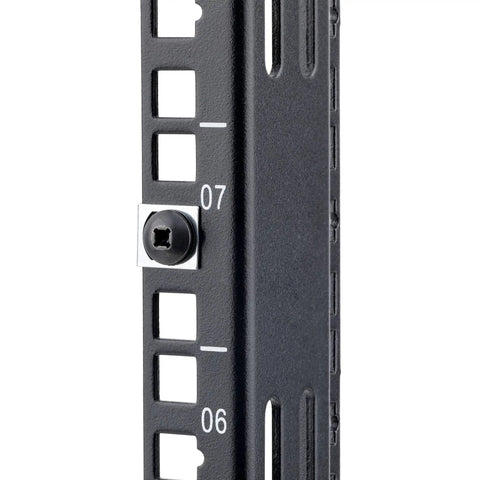 Close-up of 10 32 Thread Server Rack screw mounted on a black server rack with numbered mounting holes.