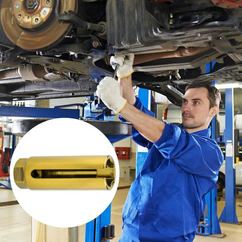 Heavy Duty Alloy Steel O2 Oxygen Sensor Socket Wrench With Anti Slip Grip used by mechanic in auto repair.