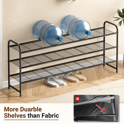 Heavy Duty Black Three Tier Metal Shoe Rack For Closet And Entryway With Sturdy Wire Grid Designed For Maximum Storage Capacity So Your Sneaker Game Stays Slick And Tight