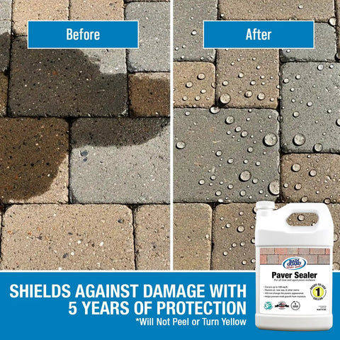 Before and after effects of No Fuss Ready To Use Concrete Paver Sealer One Gallon Keeps Your Pavers Looking New Protects Against Water Stains Oil Sap And Weather For Driveways Patios And Walkways Water Based Silane Siloxane Acrylic Eco Friendly Finish, showing water protection on pavers.
