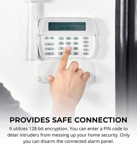 Person using keypad on DSC alarm panel with EVL 4EZR IP Security Interface Module for DSC and Honeywell Alarm Systems Alexa Compatible.