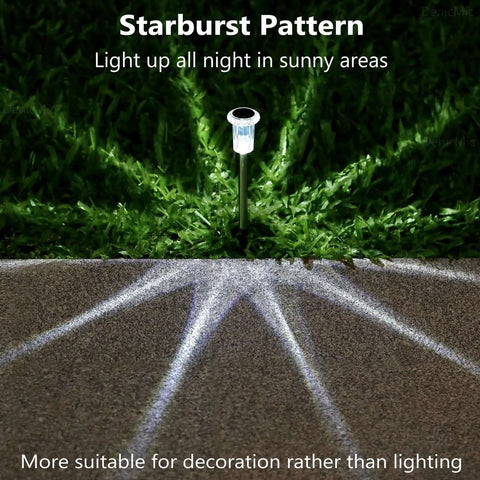 Solar LED Outdoor Stake Lights Pack Of 10 Waterproof Stainless Steel casting starburst pattern on lawn and walkway