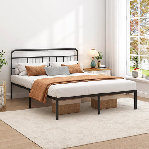 Built Tough Full Size Metal Bed Frame With Sleek Headboard And Scratch Proof Finish Black Platform Setup in cozy bedroom.