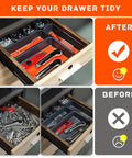 Drawer before and after using 47 Piece Tool Drawer Organizer Set in Orange for Rolling Tool Chest Cabinet Built Tough with Heavy Duty PP Plastic EVA Pads for a Snug Tray Fit Your Go To Garage Tool Organization and Storage.