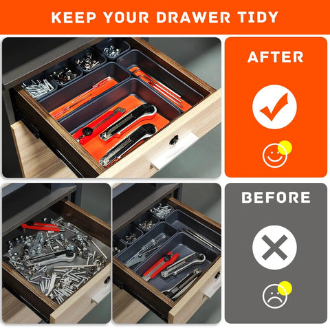 Drawer before and after using 47 Piece Tool Drawer Organizer Set in Orange for Rolling Tool Chest Cabinet Built Tough with Heavy Duty PP Plastic EVA Pads for a Snug Tray Fit Your Go To Garage Tool Organization and Storage.