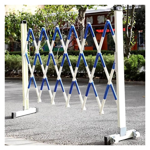 No Sweat Setup Heavy Duty Expandable Metal Barrier With Smooth Roll Wheels, Retractable Mobile Safety Gate, Tough Crowd Control Fence For Garage Jobs And Site Zone Lockdown in white and blue colors, expandable to 2.5 meters.