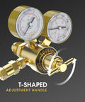 TOOLIOM argon/CO2 welding regulator with dual gauges, brass-gold finish and T-shaped adjustment knob