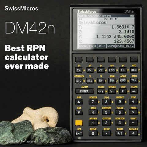 DM42n RPN Scientific Calculator With Hella Sharp 34 Digit Math Power and Sweet HP 42S Emulator Software in black, compact design.