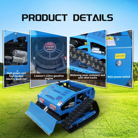 9 HP Gas RC Robotic Lawn Mower With Snow Plow for Remote Control Lawn Care, 600m Range, 21.6 Inch Cutting Width, Blue, details view
