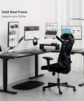 Electric Height Adjustable L Shaped Corner Desk with solid steel frame supporting 330 lbs, dual monitor setup, and ergonomic chair.