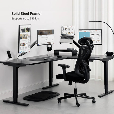 Electric Height Adjustable L Shaped Corner Desk with solid steel frame supporting 330 lbs, dual monitor setup, and ergonomic chair.