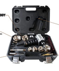 Open case showing Knockout Punch Driver Kit For Quick, Precise Hole Cuts With Cordless Drill, Removable Draw Studs, No Hydraulics, Compact Design