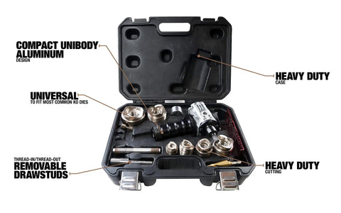 Open case showing Knockout Punch Driver Kit For Quick, Precise Hole Cuts With Cordless Drill, Removable Draw Studs, No Hydraulics, Compact Design