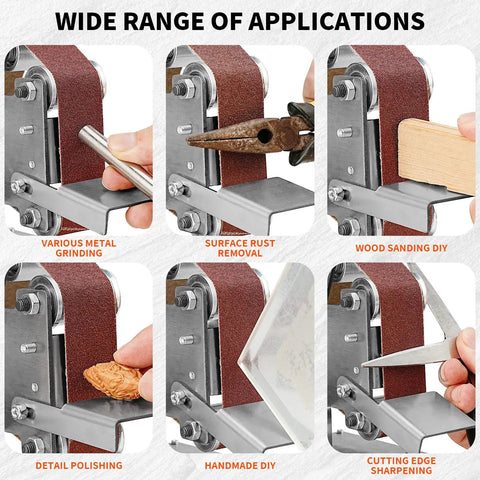 Wide range of applications for Ten Pack Aluminum Oxide Sanding Belts 1.2 X 13 Inch, including wood sanding, metal grinding, and detailed polishing.