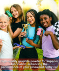 Children holding pinewood derby cars and trophy, showcasing 4 Pack Graphite Powder For Pinewood Derby Cars, 0.5oz Each With Needle Tip