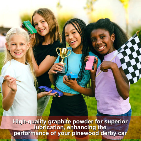 Children holding pinewood derby cars and trophy, showcasing 4 Pack Graphite Powder For Pinewood Derby Cars, 0.5oz Each With Needle Tip
