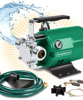 Compact 115 Volt Water Transfer Pump Moves 330 Gallons Per Hour Portable Electric Pump With 6 Foot Hose Kit shown with accessories
