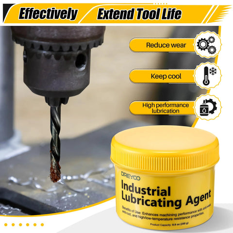 Dreyoo industrial lubricating agent jar, 8.8 oz, yellow container; used for drilling, tapping, milling with drill bit.