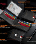 Open Ultra Slim RFID Blocking Bifold Wallet For Men With Carbon Fiber Look showing 2 ID windows, card slots, and AirTag holder.