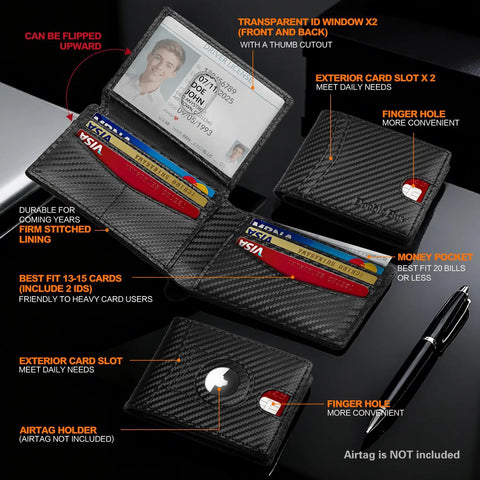 Open Ultra Slim RFID Blocking Bifold Wallet For Men With Carbon Fiber Look showing 2 ID windows, card slots, and AirTag holder.