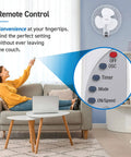 Woman using remote for 16 Inch Wall Mounted Fan With Remote Control, Oscillating White Air Circulator For Home Office And Bedroom, Beats The Heat With A Strong Breeze, Quiet Operation, Easy Install Kit Included in living room