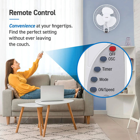 Woman using remote for 16 Inch Wall Mounted Fan With Remote Control, Oscillating White Air Circulator For Home Office And Bedroom, Beats The Heat With A Strong Breeze, Quiet Operation, Easy Install Kit Included in living room