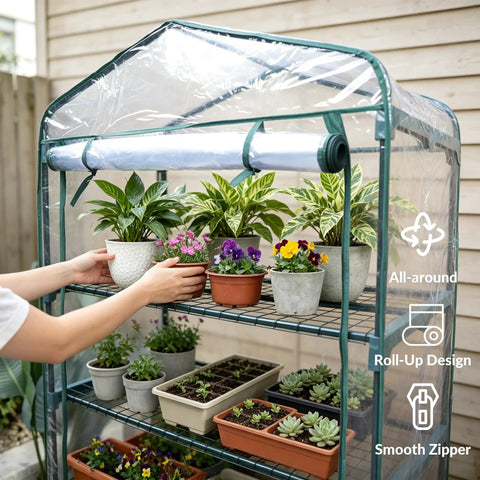 Four Tier Mini Greenhouse With Clear PVC Cover And Steel Frame Portable Plug And Play Indoor Outdoor Grow House For Seedlings Herbs And Small Plants Easy Setup And Year Round Use
