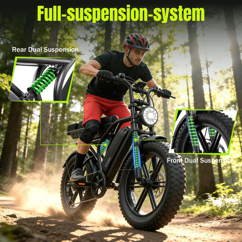 A rider navigating off-road on a Powerful 1500W Fat Tire Electric Bike For Adults All Terrain 20 Inch E Bike with dual suspension.