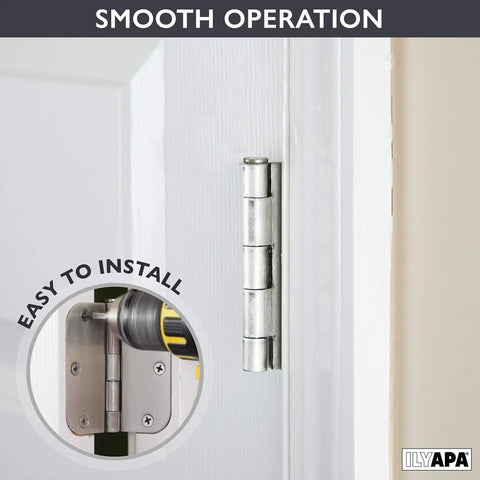 18 Pack Polished Chrome Interior Door Hinges 3.5 x 3.5 inches with 5/8 inch radius, easy install on white door, heavy duty pins visible
