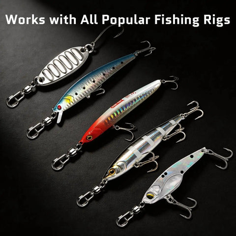 Ball Bearing Fishing Swivel With Quick Oval Split Rings, 8 Stainless Steel Balls For 360 Degree Rotation, Reduces Line Twist, Premium Upgrade For Faster Smoother Retrieves. Fishing lure rig with metal swivels and treble hooks