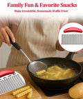 Crinkle cutter with stainless steel blade and red ergonomic handle for slicing potatoes and vegetables