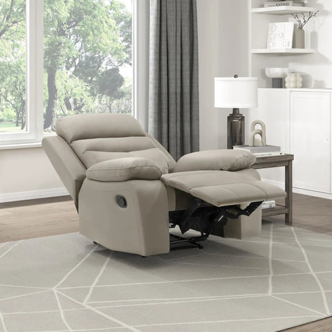 41 Inch Wide Manual Recliner Chair With Top Grain Leather Match, Wall Hugger Home Theater Seating, in a living room setting.