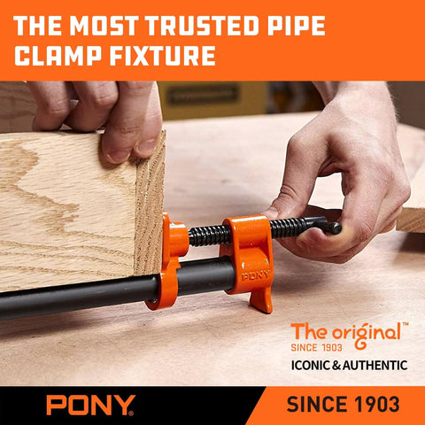 Two Pack Fifty Two Inch Wood Gluing Pipe Clamp Fixture For One Half Inch Black Pipe For Woodworking Projects With Long Reach Heavy Duty Clamp Set For DIY Furniture Making And Hands Free Setup For Pro Grade Results showing clamping action on wood board