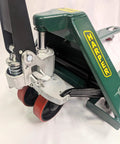 Close-up of Heavy Duty Manual Hydraulic Pallet Jack with reinforced steel frame and polyurethane wheels for smooth movement.